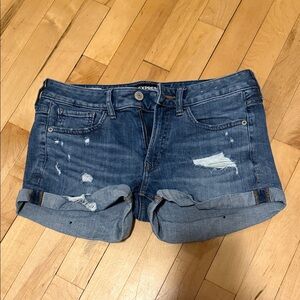 Express Dark Blue Distressed Roll-Cuff Denim Shorts